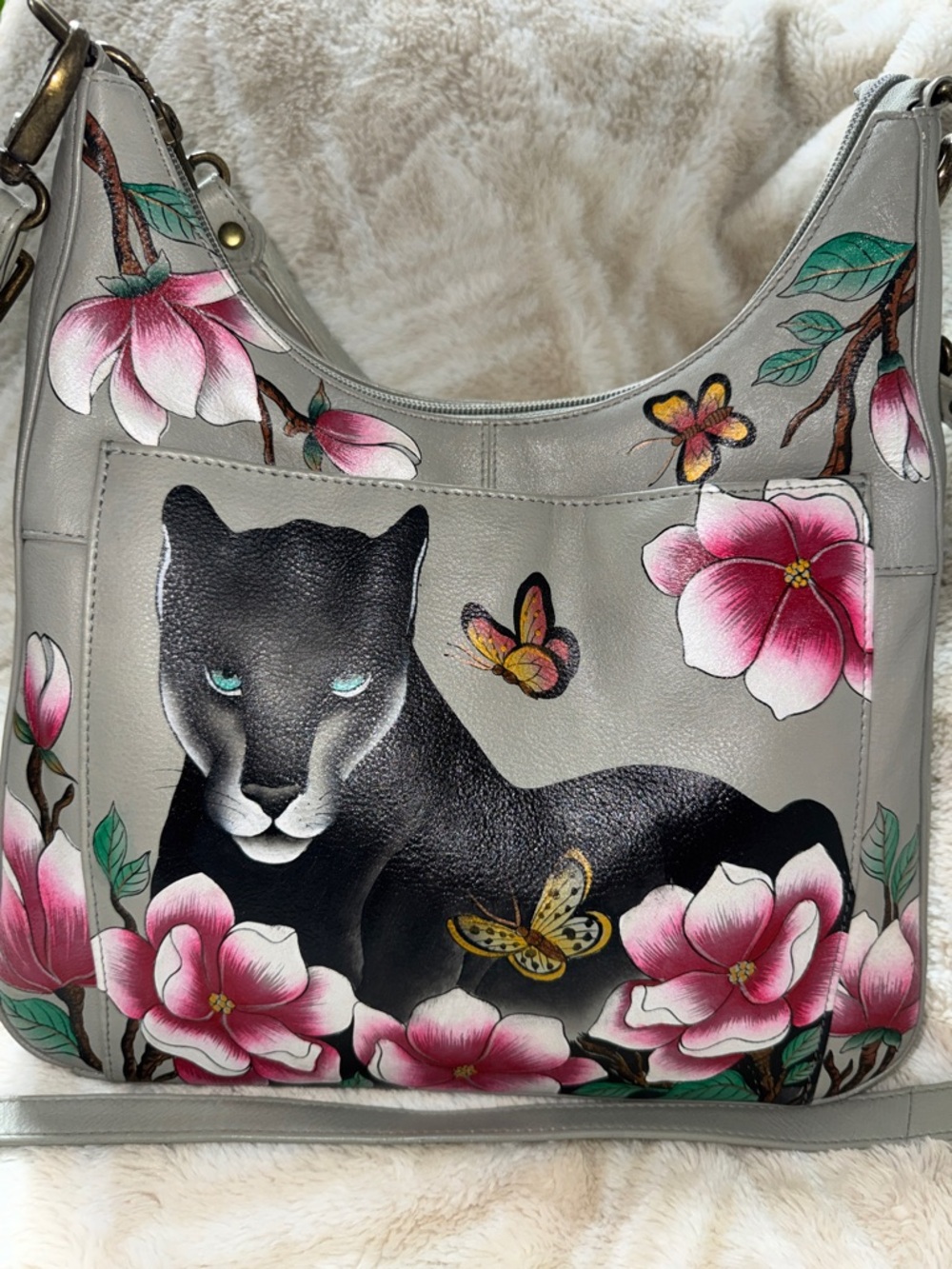 Anuschka Leather Shoulder Crossbody Bag with Hand Painted Panther & Floral Art - Picture 3 of 15